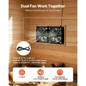 solar powered fan, 15w solar panel with 2 fans, adjustable solar panel angle, 2668 rpm high speed, flexible installation, fast air exchange for greenhouse, grow tents, chicken coops, shelters