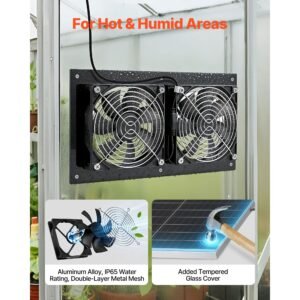 solar powered fan, 15w solar panel with 2 fans, adjustable solar panel angle, 2668 rpm high speed, flexible installation, fast air exchange for greenhouse, grow tents, chicken coops, shelters