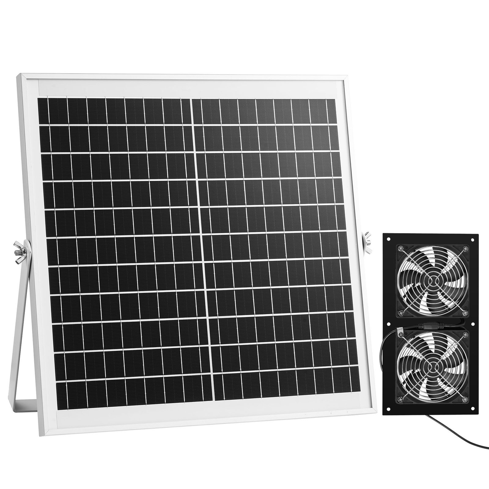 solar powered fan, 15w solar panel with 2 fans, adjustable solar panel angle, 2668 rpm high speed, flexible installation, fast air exchange for greenhouse, grow tents, chicken coops, shelters