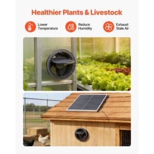 solar powered fan, 25w solar panel with 220 cfm airflow, adjustable panel angle, 2030 rpm high speed, flexible install, fast air exchange for greenhouse, grow tents, chicken coops, shelters