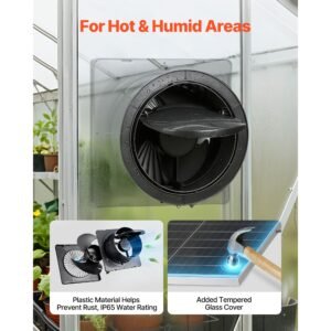 solar powered fan, 25w solar panel with 220 cfm airflow, adjustable panel angle, 2030 rpm high speed, flexible install, fast air exchange for greenhouse, grow tents, chicken coops, shelters