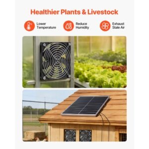 solar powered fan, 30w solar panel with 2 fans, adjustable solar panel angle, 2668 rpm high speed, flexible installation, fast air exchange for greenhouse, grow tents, chicken coops, shelters