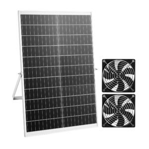 Solar Powered Fan, 30W Solar Panel with 2 Fans, Adjustable Solar Panel Angle, 2668 RPM High-Speed, Flexible Installation, Fast Air Exchange for Greenhouse, Grow Tents, Chicken Coops, Shelters