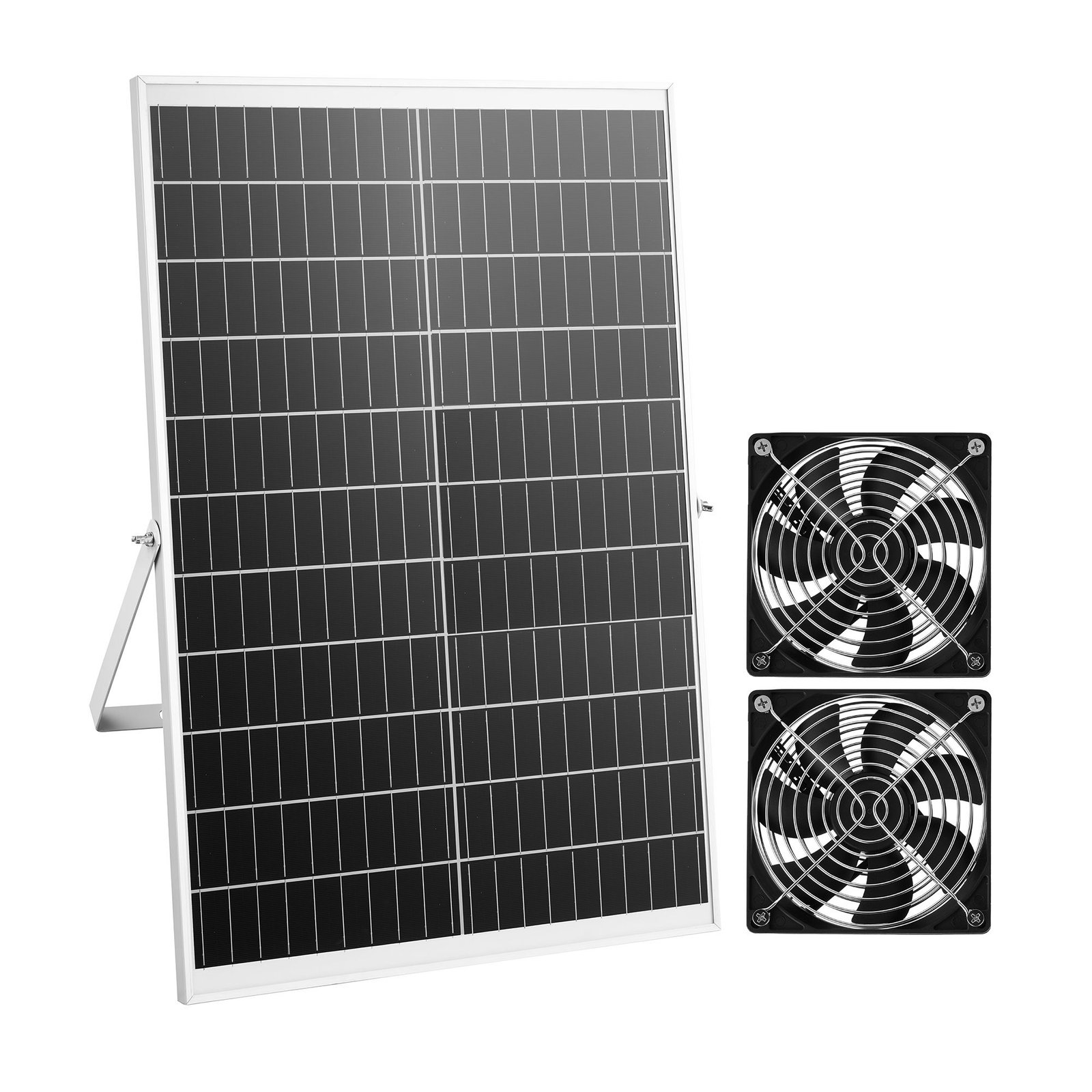 solar powered fan, 30w solar panel with 2 fans, adjustable solar panel angle, 2668 rpm high speed, flexible installation, fast air exchange for greenhouse, grow tents, chicken coops, shelters