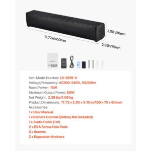 sound bar for smart tv, 2.0 channel, 17 inch compact soundbar tv speakers for projector, bluetooth aux connection, remote control, easy setup, 80w surround sound system for pc home theater audio