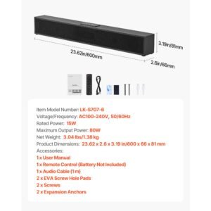 sound bar for smart tv, 2.0 channel, 24 inch compact soundbar tv speakers for projector, bluetooth aux connection, remote control, easy setup, 80w surround sound system for pc home theater audio