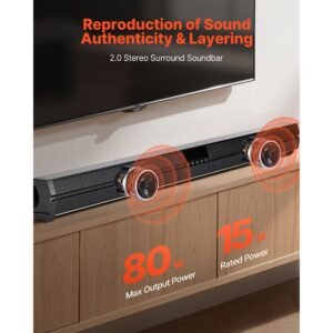 sound bar for smart tv, 2.0 channel, 32 inch compact soundbar tv speakers for projector, bluetooth aux connection, remote control, easy setup, 80w surround sound system for pc home theater audio