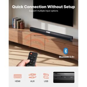 sound bar for smart tv, 2.0 channel, 32 inch compact soundbar tv speakers for projector, bluetooth aux connection, remote control, easy setup, 80w surround sound system for pc home theater audio