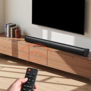 sound bar for smart tv, 2.1 channel, 35 inch compact soundbar tv speakers with built in subwoofer for projector, bluetooth aux connection, easy setup, 120w surround sound system for home audio