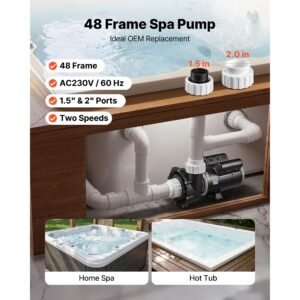 spa pump 3hp hot tub pump 2 speed 48 frame with 1.5" & 2" port, 230v, 190 gpm high speed & 90 gpm low speed, 90° rotational interface, spa bath water circulation, compatible with oem models