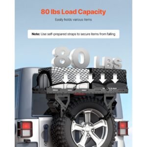 spare tire cargo basket, for 30 40 inch tires, fit for 1976 2024 jeep wrangler jk jl tj yj cj, 80 lbs load capacity, utility cargo basket rack storage tray replacement, no drill installation