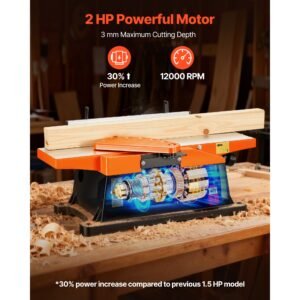 spiral benchtop jointer, 6 in, 2 hp 12000 rpm bench top wood jointer, with 12 blade spiral cutterhead, up to 1/8 in depth, adjustable fence, 6 x 23 in cast aluminum table, for woodworking diy