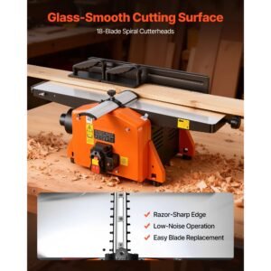 spiral benchtop jointer, 8 inch, 2 hp 8500 rpm bench top wood jointer, with 18 blade spiral cutterhead, extendable cast aluminum table, up to 1/8 in depth, adjustable fence, for woodworking diy