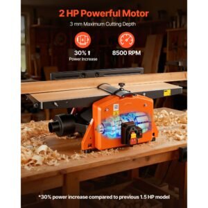 spiral benchtop jointer, 8 inch, 2 hp 8500 rpm bench top wood jointer, with 18 blade spiral cutterhead, extendable cast aluminum table, up to 1/8 in depth, adjustable fence, for woodworking diy