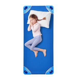 stackable kiddie cot, pack of 4, portable toddler nap cots, standard size 52" l x 23" w daycare cots for kids, preschool classroom daycare beds for sleeping, resting, naptime, blue