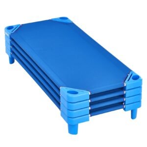 stackable kiddie cot, pack of 4, portable toddler nap cots, standard size 52" l x 23" w daycare cots for kids, preschool classroom daycare beds for sleeping, resting, naptime, blue