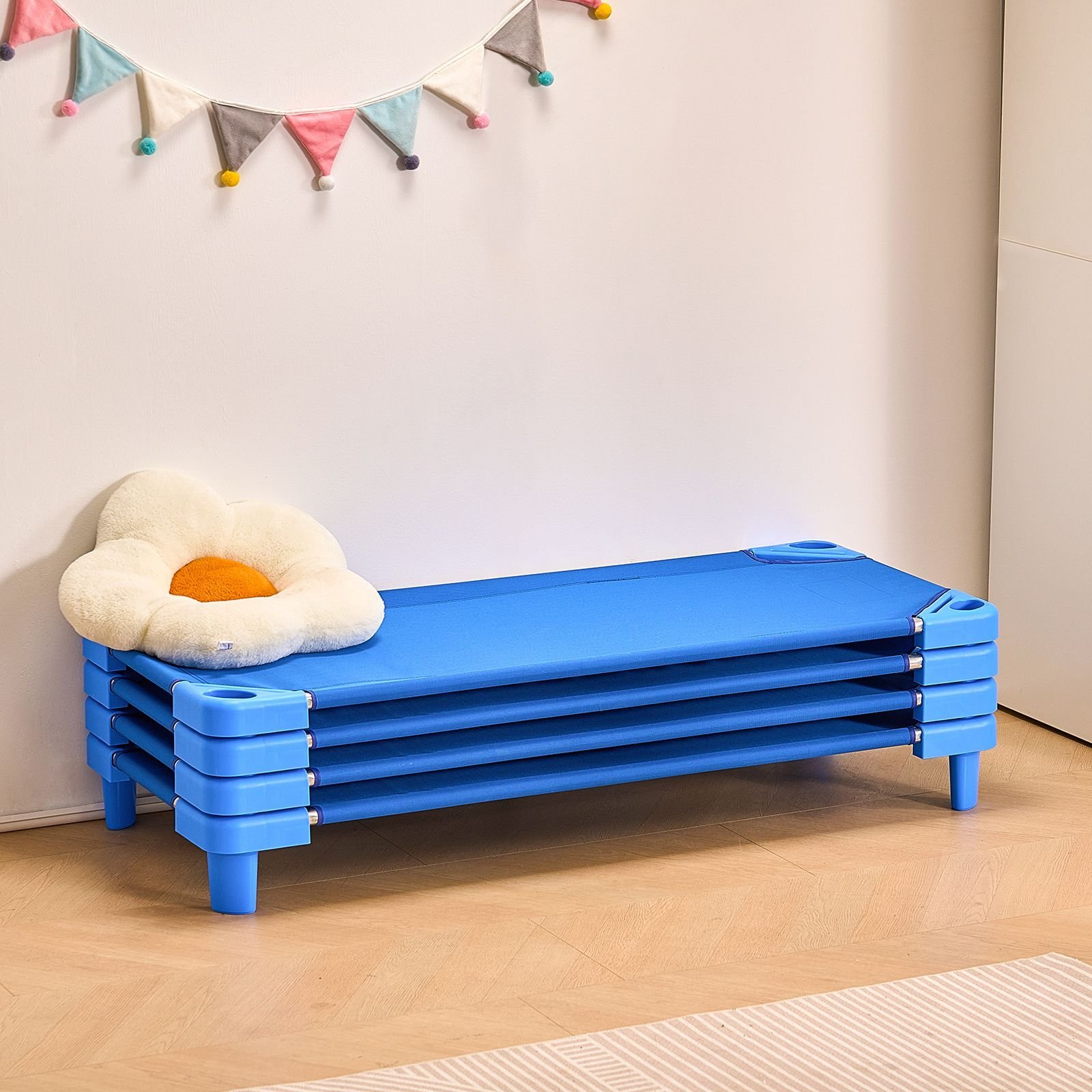 stackable kiddie cot, pack of 4, portable toddler nap cots, standard size 52" l x 23" w daycare cots for kids, preschool classroom daycare beds for sleeping, resting, naptime, blue
