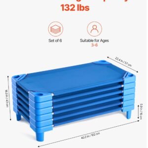 stackable kiddie cot, pack of 6, portable toddler nap cots, standard size 40" l x 23" w daycare cots for kids, preschool classroom daycare beds for sleeping, resting, naptime, blue