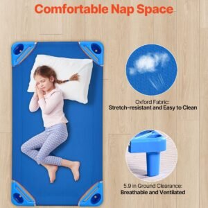 stackable kiddie cot, pack of 6, portable toddler nap cots, standard size 40" l x 23" w daycare cots for kids, preschool classroom daycare beds for sleeping, resting, naptime, blue