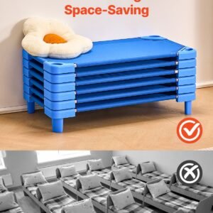 stackable kiddie cot, pack of 6, portable toddler nap cots, standard size 40" l x 23" w daycare cots for kids, preschool classroom daycare beds for sleeping, resting, naptime, blue
