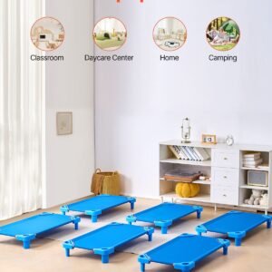 stackable kiddie cot, pack of 6, portable toddler nap cots, standard size 40" l x 23" w daycare cots for kids, preschool classroom daycare beds for sleeping, resting, naptime, blue