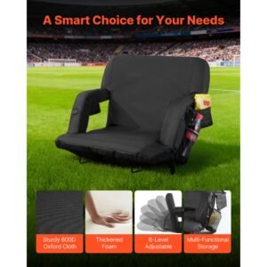 stadium seat, 25 inch heated stadium chair, bleacher seat heated with 4 pockets for bleachers, 3 level heating & 6 modes vibration portable heating stadiums chair for camping, sports events