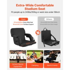 stadium seat, 25 inch heated stadium chair, bleacher seat heated with 4 pockets for bleachers, 3 level heating & 6 modes vibration portable heating stadiums chair for camping, sports events