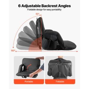 stadium seat, 6 adjustable angle bleacher chair, 2.75'' cushion stadium seat with back support and armrest, wide bleacher chair with hook pocket cupholder for picnics, beach sports, and gaming