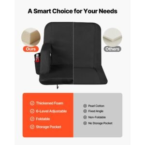 stadium seat, 6 adjustable angle bleacher chair, 2.75'' cushion stadium seat with back support and armrest, wide bleacher chair with hook pocket cupholder for picnics, beach sports, and gaming