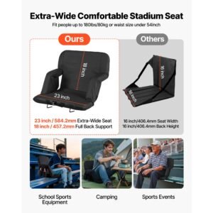 stadium seat, 6 adjustable angle bleacher chair, 2.9'' cushion stadium seat with back support and armrest, wide bleacher chair with hook pocket cupholder for picnics, beach sports, and gaming