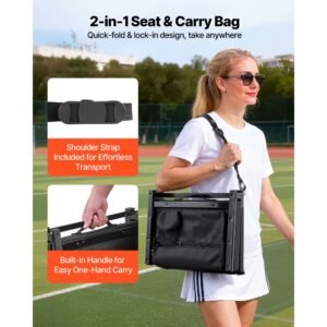 Stadium Seat, Folding Bleacher Chair with Back Support and Thick Cushion, Padded Stadium Seat for Bleacher Includes Shoulder Strap, Hooks, Cup Holder, and Side Pocket, Black Bleachers Chair