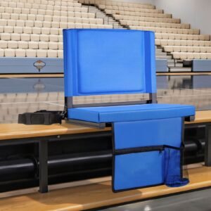 stadium seat, folding bleacher chair with back support and thick cushion, padded stadium seat for bleacher includes shoulder strap, hooks, cup holder, and side pocket, blue bleachers chair