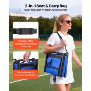stadium seat, folding bleacher chair with back support and thick cushion, padded stadium seat for bleacher includes shoulder strap, hooks, cup holder, and side pocket, blue bleachers chair