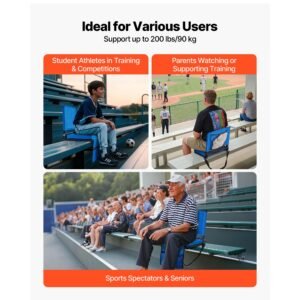 stadium seat, folding bleacher chair with back support and thick cushion, padded stadium seat for bleacher includes shoulder strap, hooks, cup holder, and side pocket, blue bleachers chair