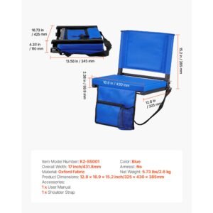 stadium seat, folding bleacher chair with back support and thick cushion, padded stadium seat for bleacher includes shoulder strap, hooks, cup holder, and side pocket, blue bleachers chair