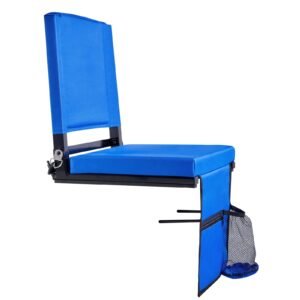 stadium seat, folding bleacher chair with back support and thick cushion, padded stadium seat for bleacher includes shoulder strap, hooks, cup holder, and side pocket, blue bleachers chair