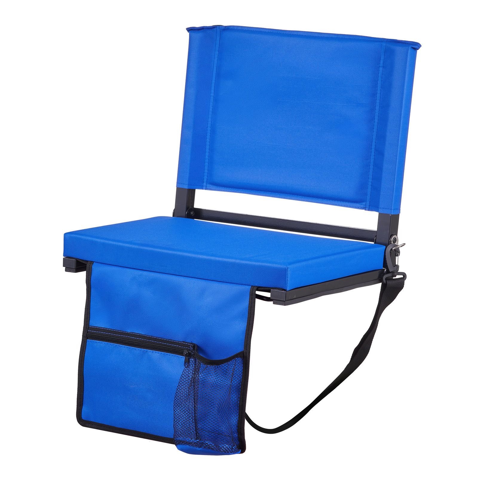 stadium seat, folding bleacher chair with back support and thick cushion, padded stadium seat for bleacher includes shoulder strap, hooks, cup holder, and side pocket, blue bleachers chair