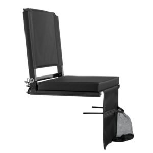 stadium seat, folding bleacher seat with back support and thick cushion, padded stadium seats for bleacher includes shoulder strap, hooks, cup holder, and side pocket, black bleachers chair