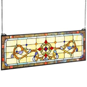 Stained Glass Window Panel, 32" x 11" Tiffany Style Hanging Transom Window Panel with Chain, Large Horizontal Rectangle Stain Glass, Vintage Traditional Art Handcrafts for Kitchen Home Decor