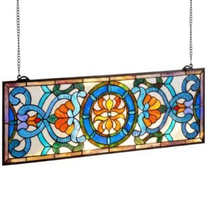 Stained Glass Window Panel, 35.1" x 12.9" Tiffany Style Hanging Transom Window Panel with Chain, Large Horizontal Rectangle Stain Glass, Vintage Traditional Art Handcrafts for Kitchen Home Decor