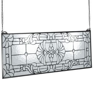 Stained Glass Window Panel, 35.2" x 13" Tiffany Style Hanging Transom Window Panel with Chain, Large Horizontal Rectangle Stain Glass, Vintage Traditional Art Handcrafts for Kitchen Home Decor