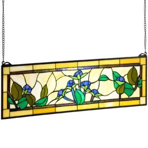 Stained Glass Window Panel, 35.2" x 13.1" Tiffany Style Hanging Transom Window Panel with Chain, Large Horizontal Rectangle Stain Glass, Vintage Traditional Art Handcrafts for Kitchen Home Decor