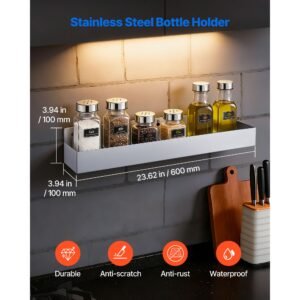 stainless steel bottle holder, 24 inch bar speed rail, liquor bottle holder rack with bolt on mounting & hook on mounting, wall mounted syrup rack for kitchen, bar, restaurant, pub, silver