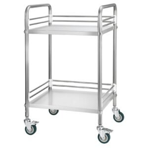 Stainless Steel Cart, 2-Tier Rolling Lab Utility Cart with Lockable Wheels, Medical Serving Trolley Clinic Tray, Heavy Duty Mobile Service Storage Tray for Hospital, Restaurant, Kitchen, Salon