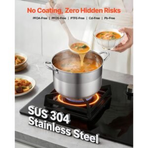 stainless steel stock pot, 12 quart stainless steel stockpot with glass lid, pfoa free, pfas free, compatible with gas stoves, induction cooktops, electric stoves, for soups, stews, and pasta