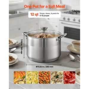 stainless steel stock pot, 12 quart stainless steel stockpot with glass lid, pfoa free, pfas free, compatible with gas stoves, induction cooktops, electric stoves, for soups, stews, and pasta