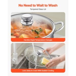 stainless steel stock pot, 12 quart stainless steel stockpot with glass lid, pfoa free, pfas free, compatible with gas stoves, induction cooktops, electric stoves, for soups, stews, and pasta