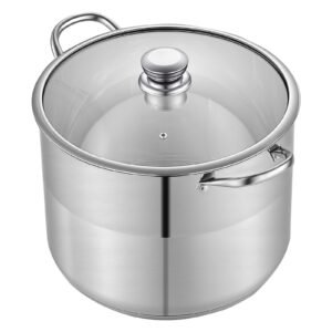 Stainless Steel Stock Pot, 16-Quart Stainless Steel Stockpot with Glass Lid, PFOA-Free, PFAS-Free, Compatible with Gas Stoves, Induction Cooktops, Electric Stoves, for Soups, Stews, and Pasta
