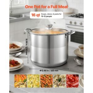 stainless steel stock pot, 16 quart stainless steel stockpot with glass lid, pfoa free, pfas free, compatible with gas stoves, induction cooktops, electric stoves, for soups, stews, and pasta