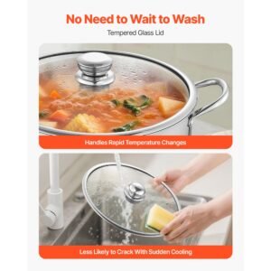 stainless steel stock pot, 16 quart stainless steel stockpot with glass lid, pfoa free, pfas free, compatible with gas stoves, induction cooktops, electric stoves, for soups, stews, and pasta